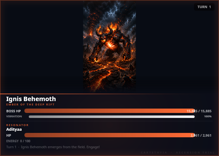 Ignis Behemoth boss battle card showing HP bars, vibration bar, and combat UI