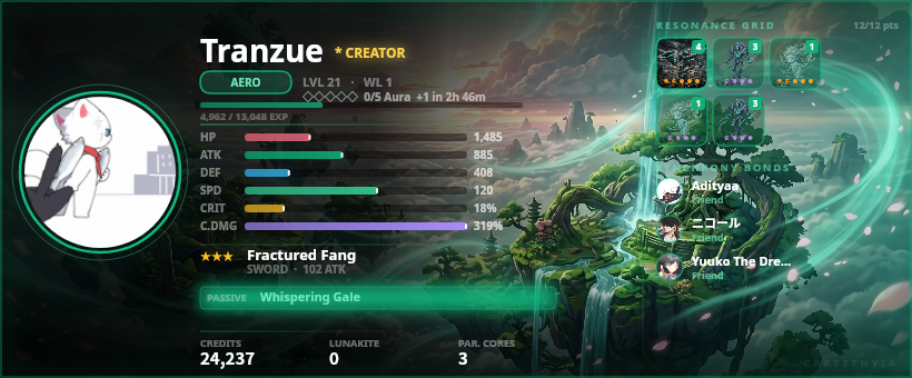 Character profile card showing Tranzue with Aero element, stats, and equipped weapon